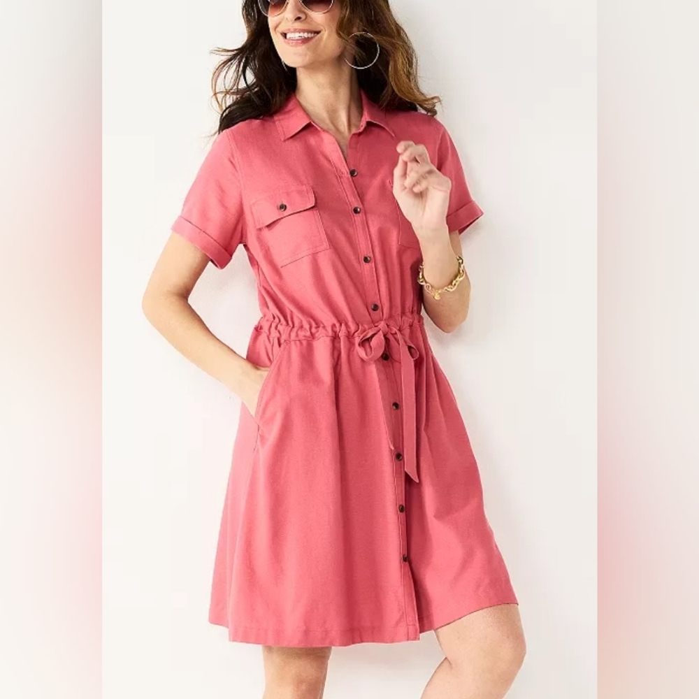 NEW Croft & Barrow Pink Watermelon Coral utility midi shirt dress SZ-L $48 I28
